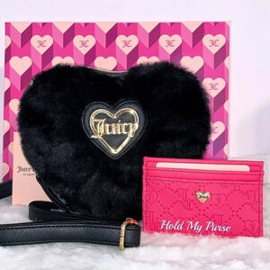 Juicy Couture Faux Fur Black Heart Crossbody Bag & Pink Card Case Wallet Set